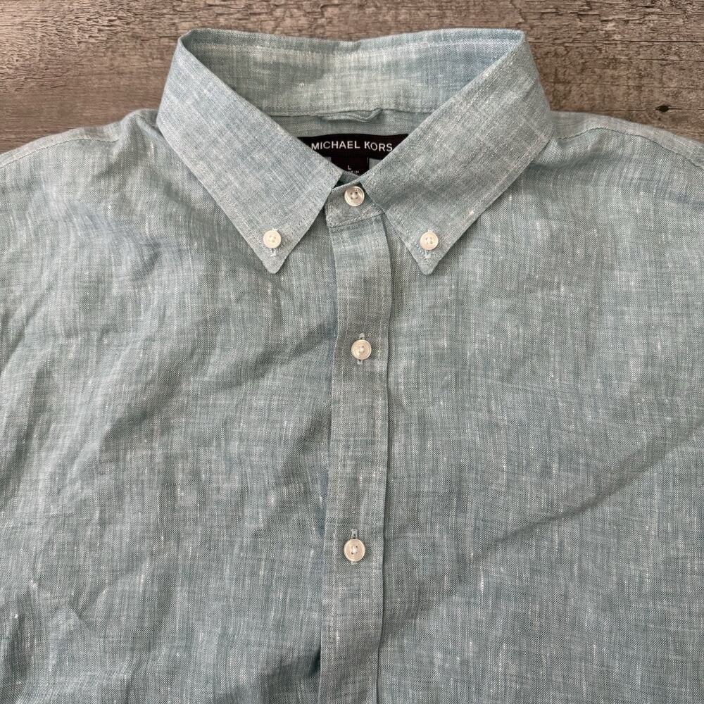 Michael Kors Shirt Mens Large Green 100% Linen Short Sleeve Slim Fit